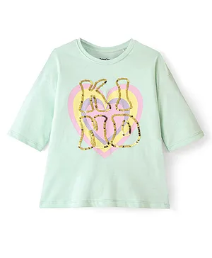 Primo Gino Cotton Knit Drop Shoulder Half Sleeves T-Shirt Heart Print & Sequins Detailing - Green
