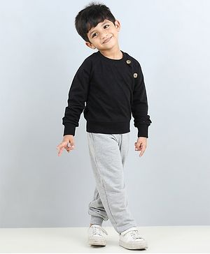 Aww Hunnie Full Sleeves Button Detailed Solid Autumn Winter Wear Unisex Sweatshirt & Side Pockets Joggers Set - Black