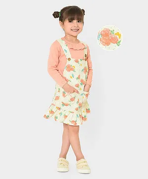 Mi Arcus 100% Cotton Full Sleeves Solid Top With Floral Printed Dungaree Style Dress - Peach