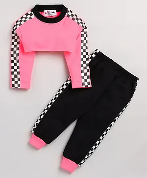 M'andy Full Sleeves Placement Chessboard Checked Winter Wear Fleece Tracksuit - Pink