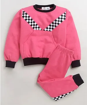 M'andy Full Sleeves Placement Chessboard Checked Coordinating Winter Wear Fleece Tracksuit - Magenta Pink