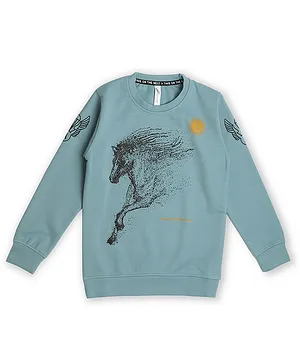 Earth Conscious  Full Sleeves Horse Printed Polyester Blends Tee - Dark Taupe Blue