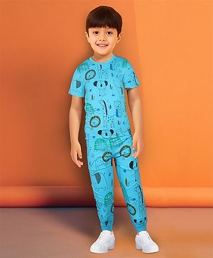 TOONYPORT Half Sleeves  Animal Printed Tee With Coordinating Joggers  Set - Blue