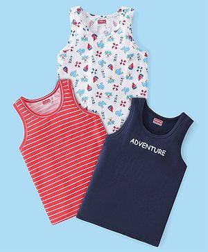 Babyhug 100% Cotton Sleeveless Sando Striped & Sea Life Print Pack of 3 - Red Blue & White