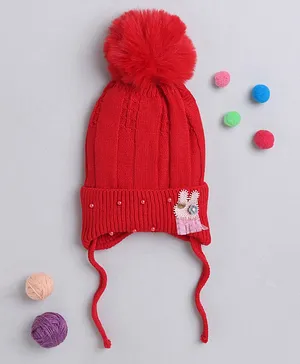 TMW Kids Bunny Patch & Pom Pom Detailed Woollen Cap With Drawstrings  - Red
