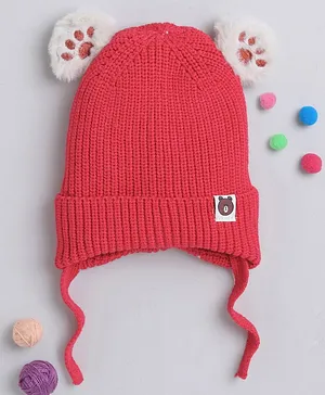 TMW Kids  Paw Patch & Pom Pom Detailed Woollen Cap With Drawstrings  - Red