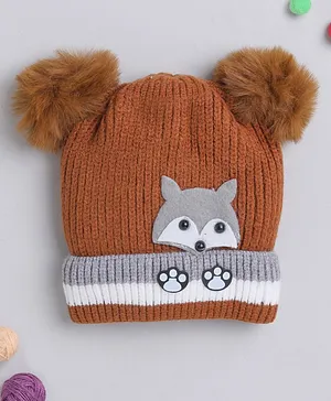 TMW Kids Fox & Paw Patch Detailed & Pom Pom Embellished Woolen Cap - Dark Brown