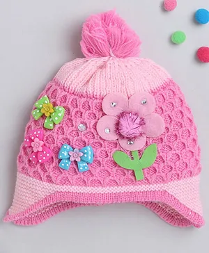 TMW Kids Cute Flower & Bow Applique With Pom Pom Detailed  Woolen Cap - Pink