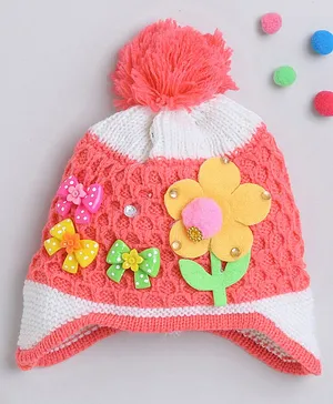 TMW Kids Cute Flower & Bow Applique With Pom Pom Detailed  Woolen Cap - Peach