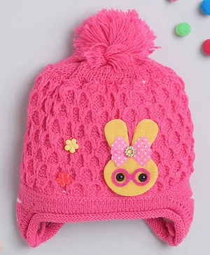 TMW Kids Cute Flower And Bunny Applique With Pom Pom Detailed  Woolen Cap - Fuchsia Pink