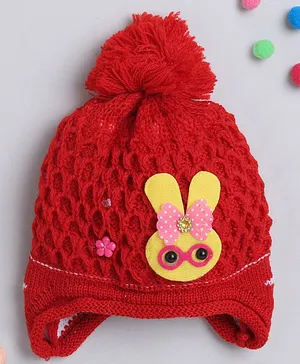 TMW Kids Cute Flower And Bunny Applique With Pom Pom Detailed  Woolen Cap - Red