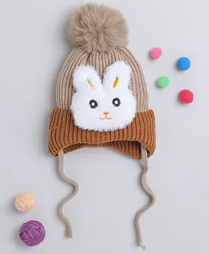 TMW Kids Bunny Fur Patch Detailed With Pom Pom Drawstring Woollen Cap - Brown