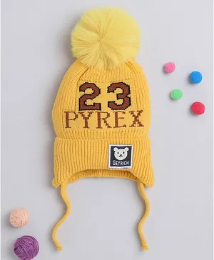 TMW Kids Numbers & Bear Patch Detailed With Pom Pom Drawstring Woollen Cap - Yellow