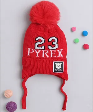 TMW Kids Numbers & Bear Patch Detailed With Pom Pom Drawstring Woollen Cap - Red