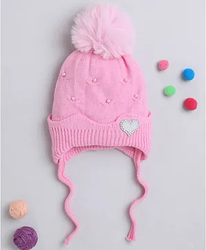 TMW Kids Beads Embellished & Heart Patch Detailed With Pom Pom Drawstring Woollen Cap - Pink