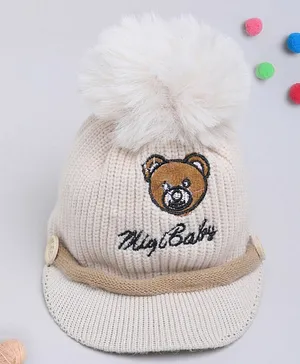 TMW Kids Bear Face Embroidered Bobble Woollen Cap - Off White