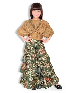 Joy-n-Jolly Half Bat Wing Sleeves Designed Beads Embellished Top With Seamless Leaves Printed Layered Sharara - Green