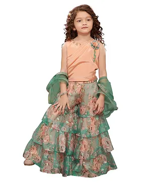 Joy-n-Jolly Sleeveless Beaded Floral Embroidered & Cross Pleated Top With Seamless Floral Printed Layered Palazzo - Peach