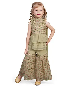 Joy-n-Jolly Sleeveless Sequin Embellished & Embroidered Peplum Style Coordinating Fusion Wear Sharara Set - Pista Green