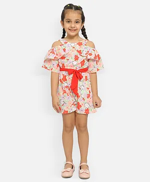Nauti Nati Cold Shoulder Half Sleeves Abstract Floral Printed Playsuit - Red