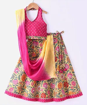 Exclusive from Jaipur Cotton Woven Sleeveless Floral Printed Choli  Lehenga Set with Dupatta- Rani & Yellow
