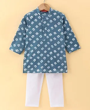 Exclusive from Jaipur Cotton Woven Full Sleeves Bandhani Print Kurta Pyjama Set-Grey & Off White