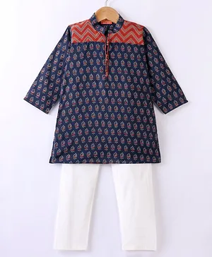 Exclusive from Jaipur Cotton Full Sleeves Kurta & Pyjama Set Ikat Print - Blue & Off White