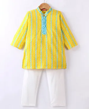 Exclusive from Jaipur Cotton Full Sleeves Kurta & Pyjama Set Chevron Print - Yellow & Off White