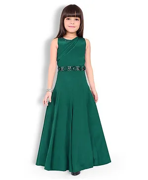 Joy-n-Jolly Sleeveless Pleated Bodice Detailed & Floral Embellished Fusion Gown - Green
