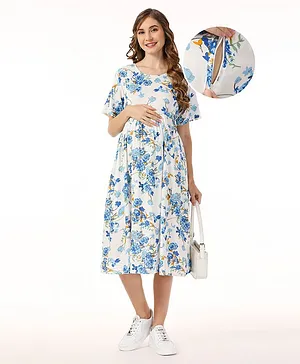 Bella Mama 100% Viscose Woven Half Sleeves Maternity Dress with Pocket Flower Print - White