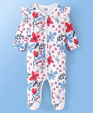 Doodle Poodle Cotton Knit Full Sleeves Footed Sleepsuit Floral Print - White