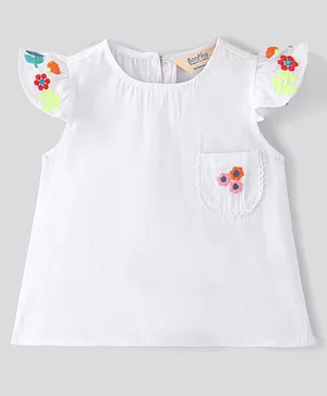 Bonfino 100% Cotton Woven Cap Sleeves Top with Floral Embroidery - White