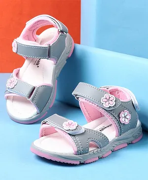 Cute Walk by Babyhug Sandals With Buckle Closure Floral Applique - Grey & Pink
