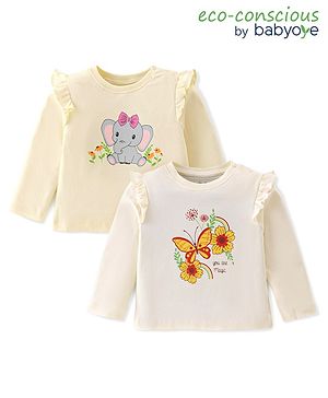 Babyoye Eco Conscious Cotton Full Sleeves Floral & Elephant Print T-Shirts with Frill Detailing Pack of 2 - White