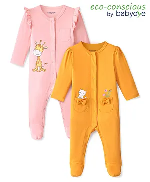 Babyoye Eco Conscious Cotton Knit Full Sleeves Kitty & Griaffe Printed Footed Rompers Pack of 2 - Pink & Yellow