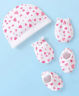 Babyhug 100% Cotton Knit Cap Mittens & Booties Set Heart Print - White