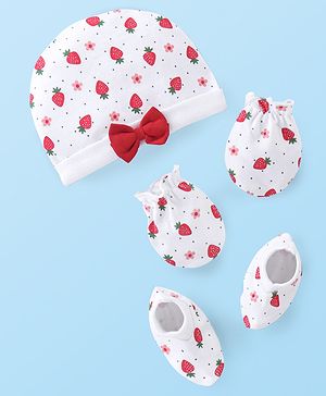 Babyhug 100% Cotton Knit Cap Mittens & Booties With Strawberry Print - White & Red