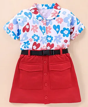 Ollington St. 100% Cotton Knit Half Sleeves Shirt & Skirt Floral Print - White & Red
