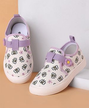 Cute Walk by Babyhug Velcro Closure Casual Shoes with Bees Print and Floral Applique - Purple