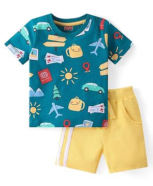 Babyhug 100% Cotton Knit Single Jersey Half Sleeves T-Shirt & Shorts With Trip Theme Print - Green & Yellow