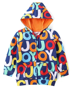 Babyhug Cotton Knit Full Sleeves Hooded Sweat Jacket with Zipper & Text Print - Multicolour