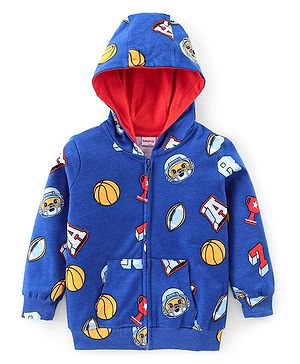 Babyhug Cotton Knit Full Sleeves Hooded Sweat Jacket with Front Zipper Sports Print - Navy Blue