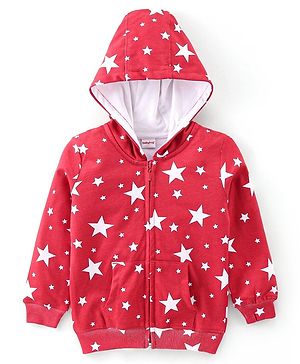 Babyhug 100% Cotton Knit Full Sleeves Hooded Sweatjacket with Zipper & Star Print - Maroon
