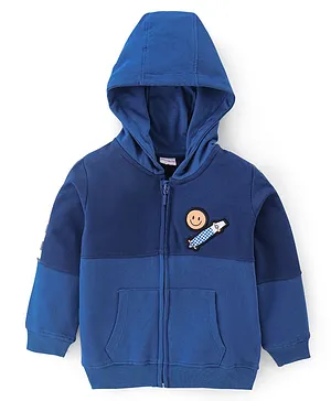 Babyhug 100% Cotton Knit Full Sleeves Hooded Sweatjacket With Skateboard Embroidery - Navy Blue