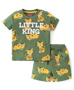 Babyhug 100% Cotton Knit Half Sleeves T-Shirt & Shorts Set Tiger Print - Green