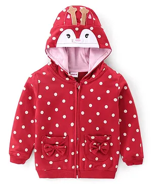 Babyhug 100% Cotton Knit Full Sleeves Hooded Sweatjacket With Animal Embroidery & Dots Print - Red