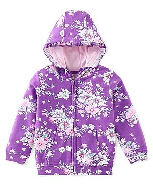 Babyhug 100% Cotton Knit Full Sleeves Hooded Sweat Jacket With Zipper & Floral Print - Purple