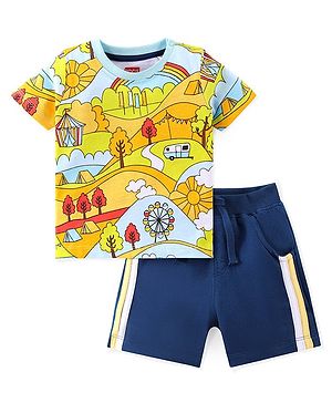 Babyhug 100% Cotton Knit Half Sleeves T-Shirt & Shorts With Town Theme Print - Blue & White