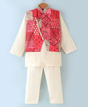 Teentaare Cotton Full Sleeves Kurta & Pyjama Set With Waist Coat Ikat Print - Red & White