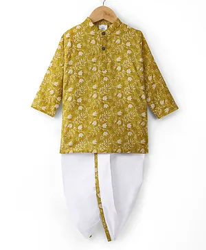 Teentaare Cotton Woven Full Sleeves Kurta & Dhoti Set With Floral Print - Yellow & White